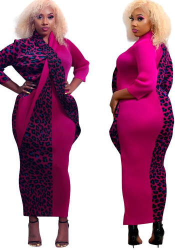 Plus Size Leopard Print Rose V-Neck Long Sleeves Bodycon Maxi Dress