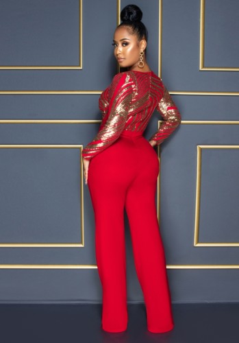 Sequins Red O-Neck Long Sleeve Back Zip Tight Jumpsuit