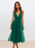Green Deep-V Cami Backless A-line Mesh Long Dress with Belt