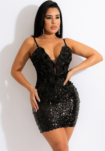 Black Sequins V-Neck Cami Backless Tight Mini Dress
