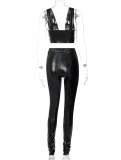 Black PU Leather V-Neck Crop Vest and Tight High Waist Pants 2PCS Set