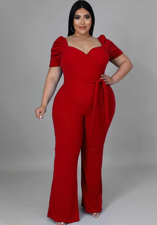 Plus Size Red Sweetheart Collar Short Sleeves Loose Jumpsuit