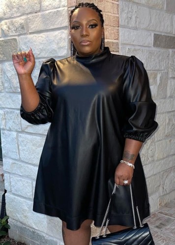 Plus Size Black Leather Turtleneck 3/4 Sleeve Mini Dress