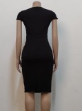 Black Square Neck Short Sleeves Bodycon Midi Dress