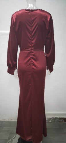Burgundy Silk V-Neck Long Sleeve Tight Mermaid Maxi Dress