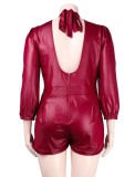 Plus Size Burgunry PU Leather Halter Long Sleeves Backless Jumpsuit