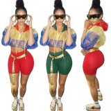 Contrast Color Hoody Crop Top and Green High Waist Shorts 2PCS Set