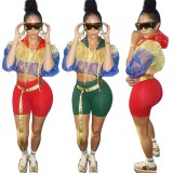 Contrast Color Hoody Crop Top and Red High Waist Shorts 2PCS Set