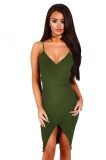 Green Cami V-Neck Ruched Slit Mini Dress