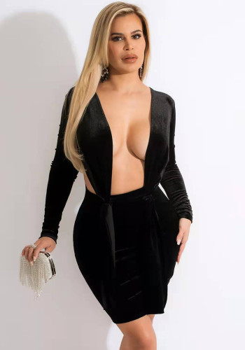 Trendy Black Velvet Plunge Neck Long Sleeves Mini Slinky Dress