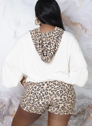 Leopard Print White Long Sleeves Hoody Top and Shorts 2PCS Set