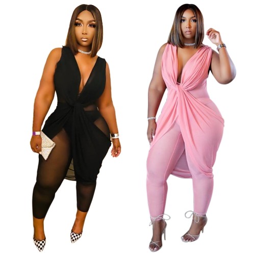 Plus Size Pink Mesh See Through V-Neck Sleeveless Ruched Jumpsuit