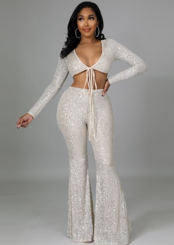 Silver Sequins Long Sleeves V-Neck Crop Top and Flare Pants 2PCS Set
