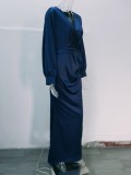 Blue Silk V-Neck Long Sleeve Tight Mermaid Maxi Dress