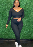 Black Rib V-Neck Long Sleeves Crop Top and High Waist Pants 2PCS Set