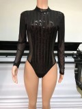 Black Sequins Translucent Midi Neck Long Sleeve Bodysuit