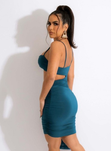 Blue Cami Cut Out Ruched Slinky Midi Dress