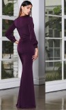 Purple Silk V-Neck Long Sleeve Tight Mermaid Maxi Dress
