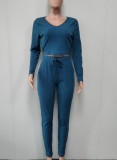 Blue Rib V-Neck Long Sleeves Crop Top and High Waist Pants 2PCS Set