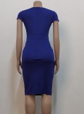 Blue Square Neck Short Sleeves Bodycon Midi Dress
