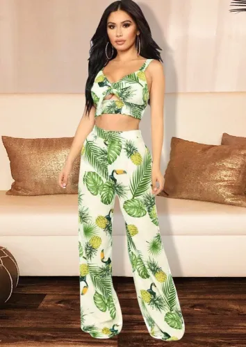 Print Wide Cami Blouson Crop Top and High Waist Loose Pants 2PCS Set