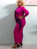 Plus Size Leopard Print Rose V-Neck Long Sleeves Bodycon Maxi Dress
