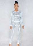 White O-Neck Long Sleeves Sparkly Top And Sweatpants 2PCS Set