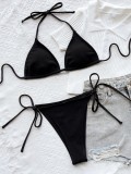 Black Ribbed Cami Halter Bikini Two Piece Set