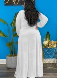 Plus Size White V-Neck Keyhole Long Sleeve Slit Loose Maxi Dress