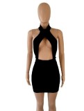 Black Cut Out Halter Sleeveless Backless Mini Fitted Dress