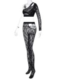 Black Lace Cut Out One Shoulder Single Sleeve Crop Top And See Through Pant 2PCS Set