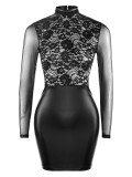 Black PU Leather Lace Patch Turtleneck Long Sleeve Backless Slinky Mini Dress