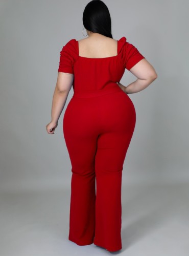 Plus Size Red Sweetheart Collar Short Sleeves Loose Jumpsuit