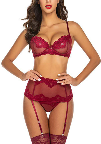 Red Lace Mesh Cami Bra And Panty Galter Lingerie 3PCS Set