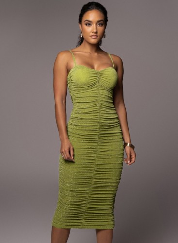 Green Cami Ruched Bodycon Midi Dress