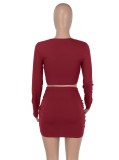 Red Square Neck Long Sleeve Crop Top And Wrap Mini Dress 2PCS Set