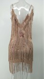 Khaki Lace See Through V-Neck Sleeveless Tassels Mini Dress