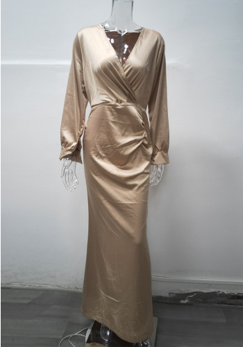 Khaki Silk V-Neck Long Sleeve Tight Mermaid Maxi Dress