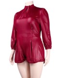 Plus Size Burgunry PU Leather Halter Long Sleeves Backless Jumpsuit