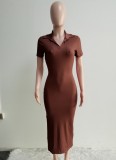 Brown Ribbed Short Sleeves Side Slit Bodycon Long Dress