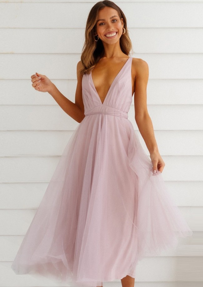 Pink Deep-V Cami Backless A-line Mesh Long Dress with Belt