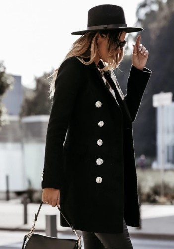 Black Double-Breasted Turndown Collar Long Sleeves Long Blazer Coat