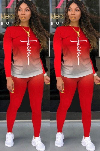 Letter Print Red Gradient 0-Neck Long Sleeve Top And Pant 2PCS Set