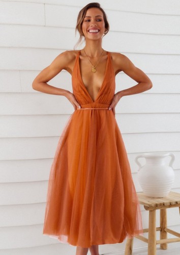 Orange Deep-V Cami Backless A-line Mesh Long Dress with Belt