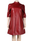 Plus Size Burgunry PU Leather Turtleneck Half Sleeves Mini Dress