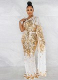 Golden Sequins White Mesh See Through One shoulder Single Sleeve Maxi Dress