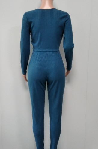 Blue Rib V-Neck Long Sleeves Crop Top and High Waist Pants 2PCS Set