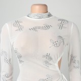 White Beaded Mesh Cut Out Long Sleeves Irregular Midi Dress