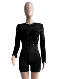 Black Sequins Upper O-Neck Long Sleeve Bodycon Rompers