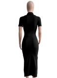 Black Ribbed Short Sleeves Side Slit Bodycon Long Dress